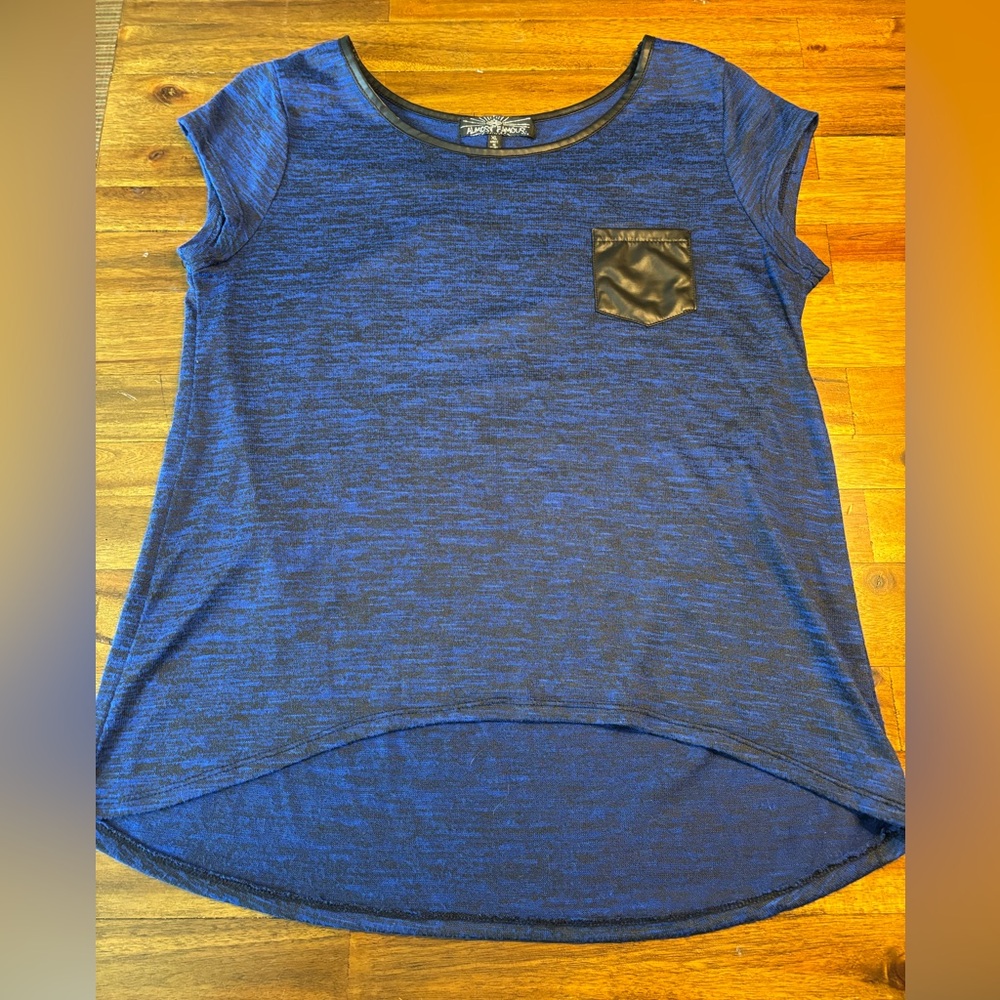 Blue Cap Sleeve Top with Black Pocket